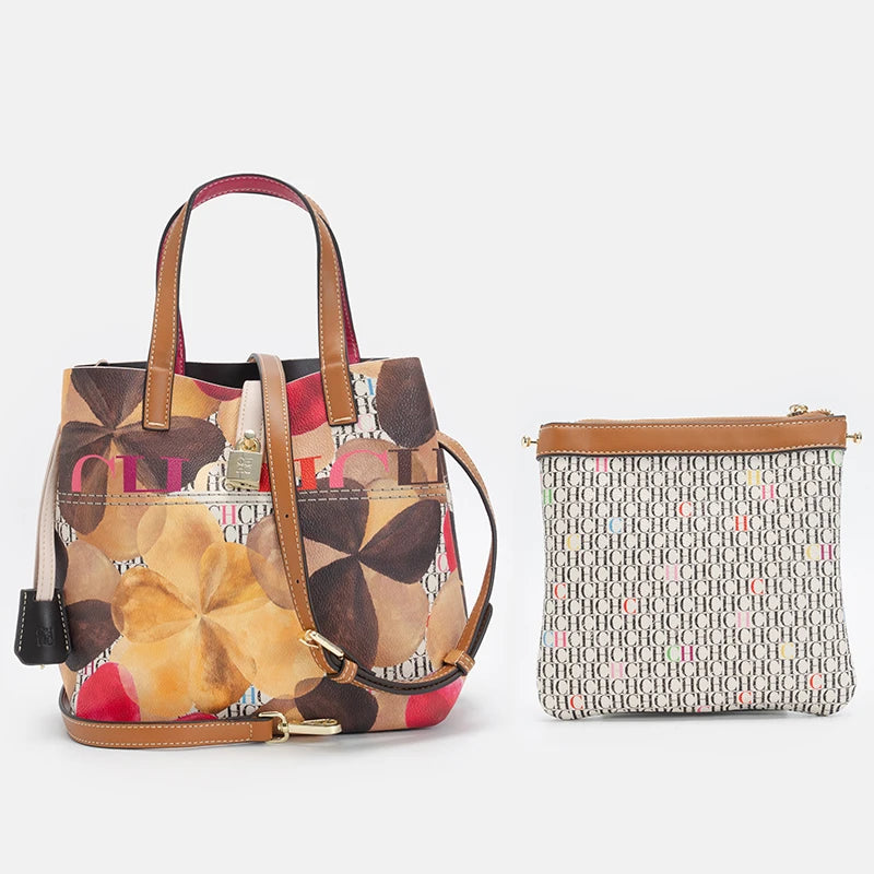 CH Letter Print Tote Bag Set 2 in 1 Large Capacity Women Handbag with Detachable Strap + Mini Clutch Casual Office Shopping Bag