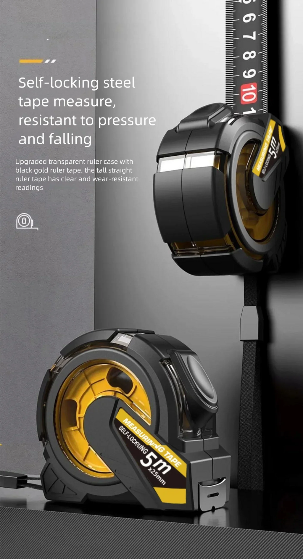 Professional Self-Locking Tape Measure  5m / 10m, High Precision Measuring Tape Black Gold Blade Shockproof ABS Case