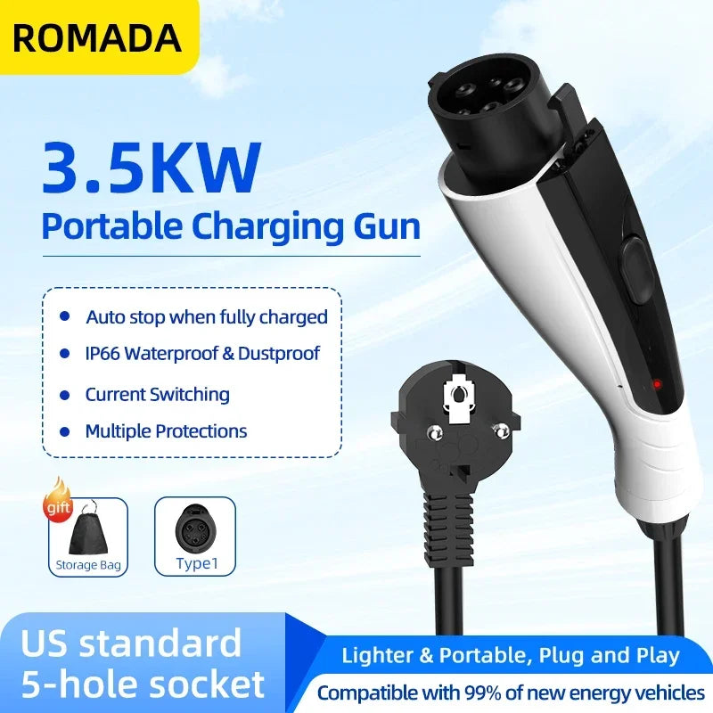 Portable EV Charger 16A 3.5KW Type1 to J1772, 3M/5M/10M Cable Electric Vehicle Charging Station for Fast Home Charging (ROMADA)