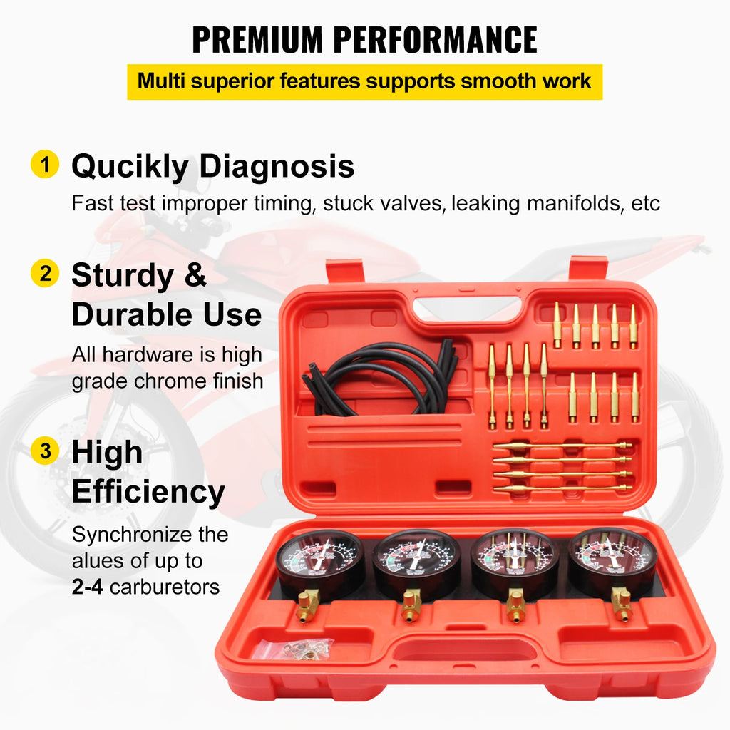 SucceBuy Fuel Vacuum Carburetor Synchronizer Carb Tools sync 4 Gauge Set with Rubber Hose Vacuum Balancer Meter Kit