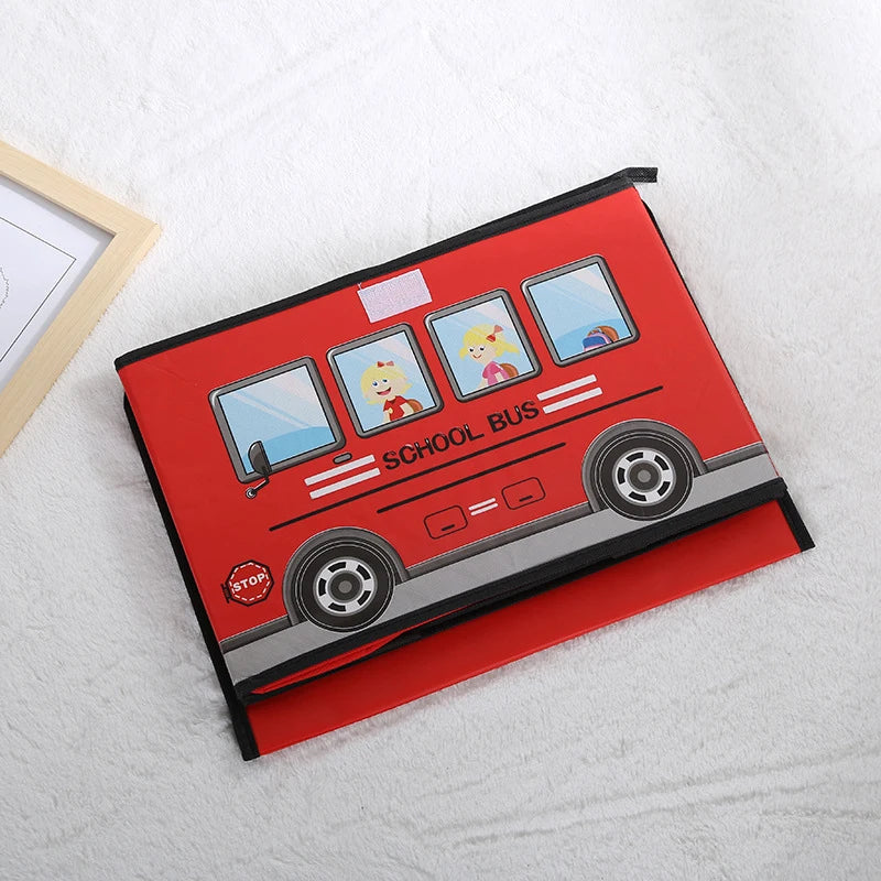 Cartoon School Bus-Themed Children's Toy Storage Box: Large-Capacity, Foldable Storage Box with Lid for Home and Travel