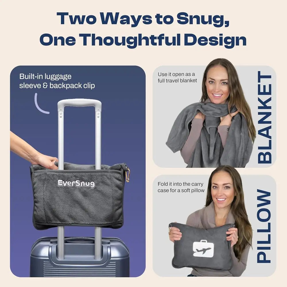 2-in-1 Travel Blanket and Pillow with Hand Sleeve and Backpack Clip, Grey