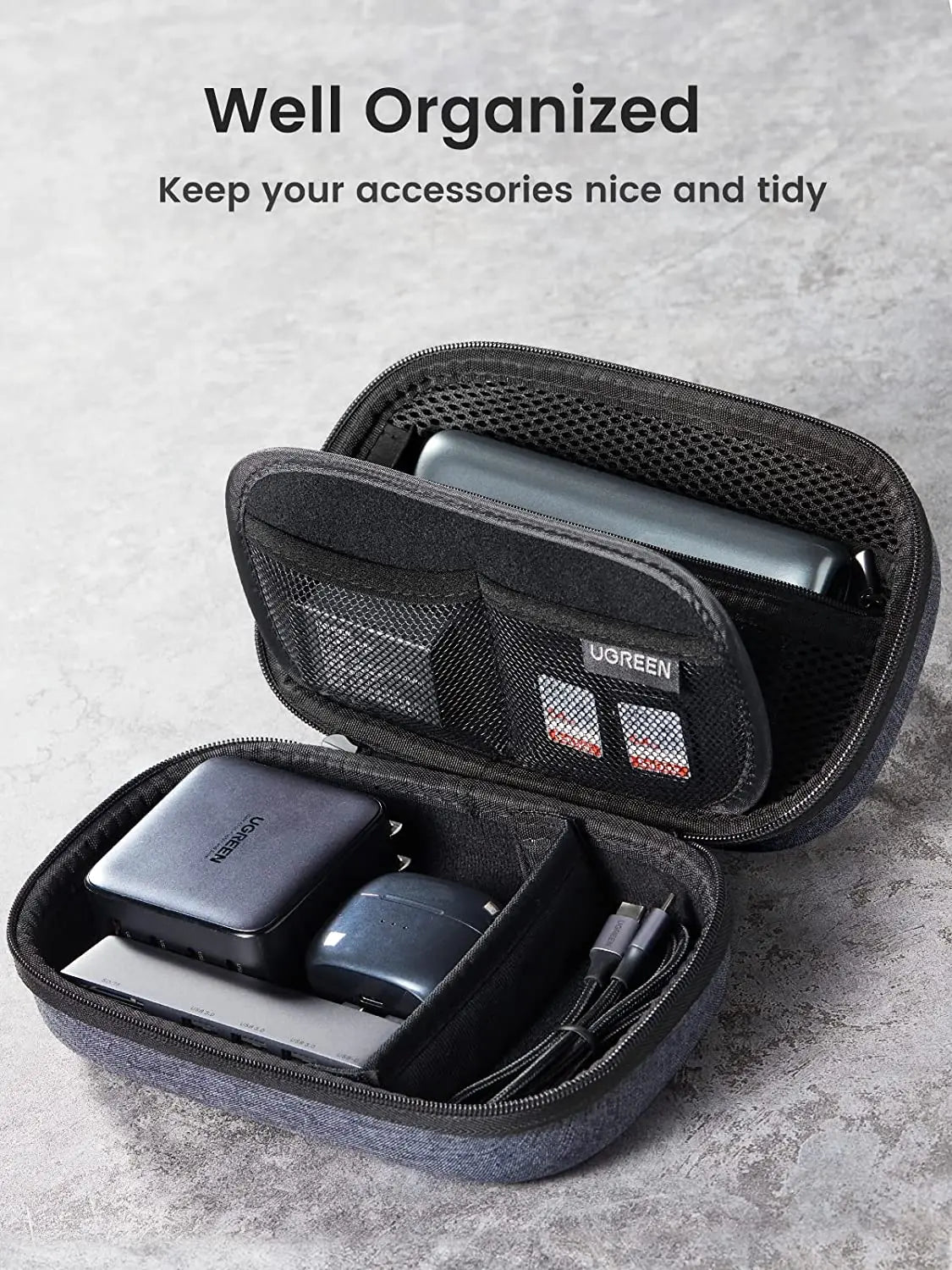 UGREEN Electronics Travel Organizer Hard Case Double Layer Cord Organizer Bag External Hard Drive Carrying Case