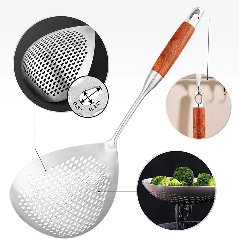 40.5cm Slotted Spoon, Large Skimmer with 0.3" Holes & Hang Hole, Stainless Steel and Wood for Kitchen, 1PC Cooking Utensil