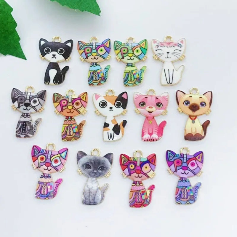 13pcs alloy oil dripping mechanical cat pendant, DIY jewelry making earrings, keychains, accessories