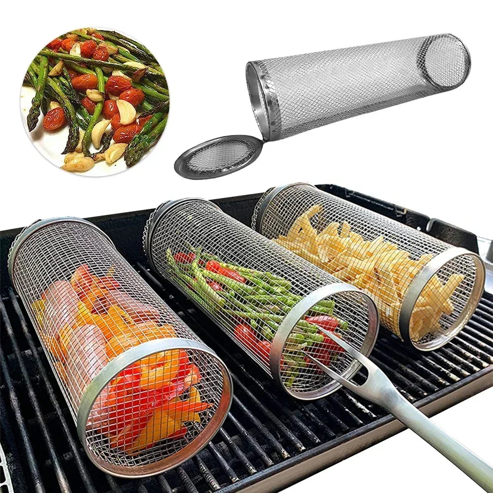 Round BBQ Basket Stainless Steel Camping Grill Mesh Cooking Tool Outdoor Picnic Camping Bonfire Party Barbecue Grilling Basket