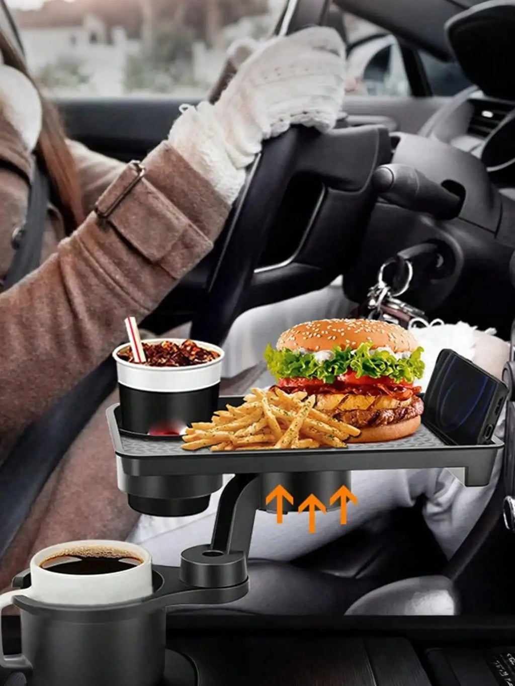 2-in-1 Car Cup Holder Tray – 360° Rotatable Tabletop, with Stable Base & Phone Slot, Durable Interior Accessory