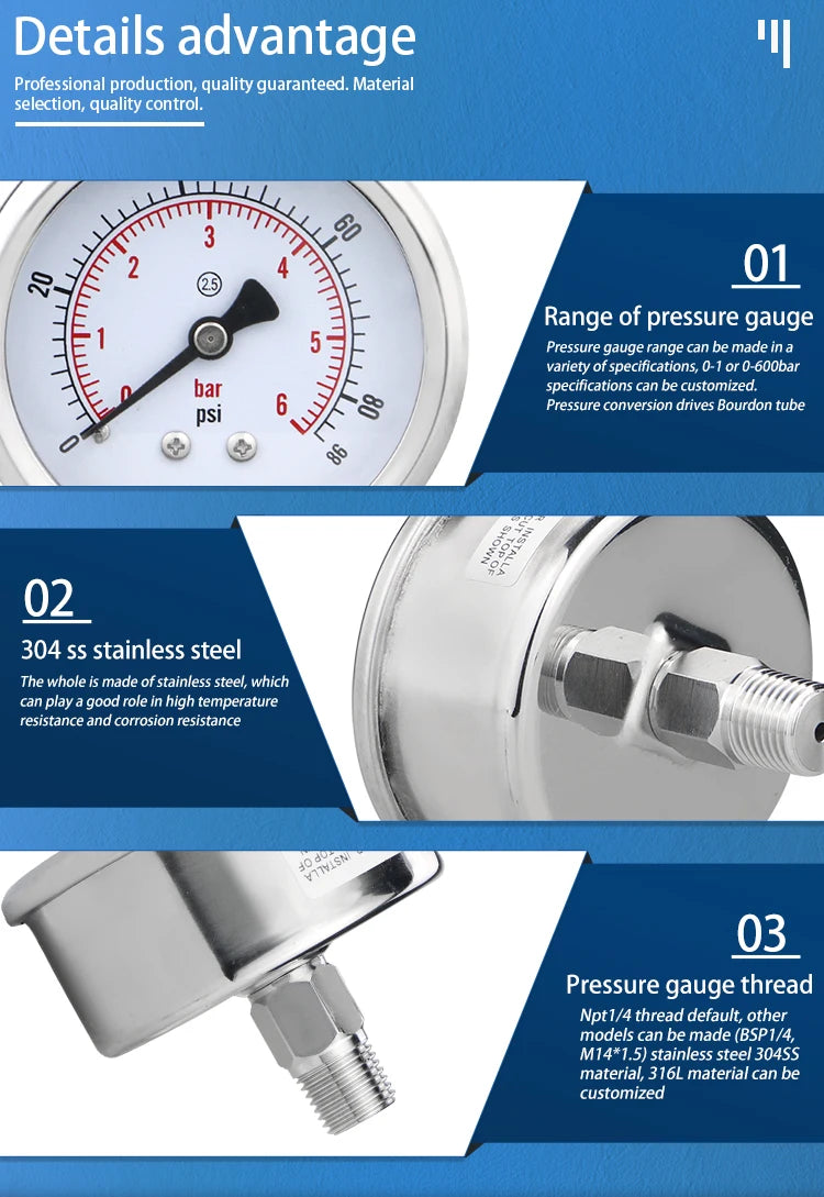 40mm 2.5% accuracy coffee stainless steel  pressure gauges back connection -1-0-400bar water gas air oil hrydrualic manemoter