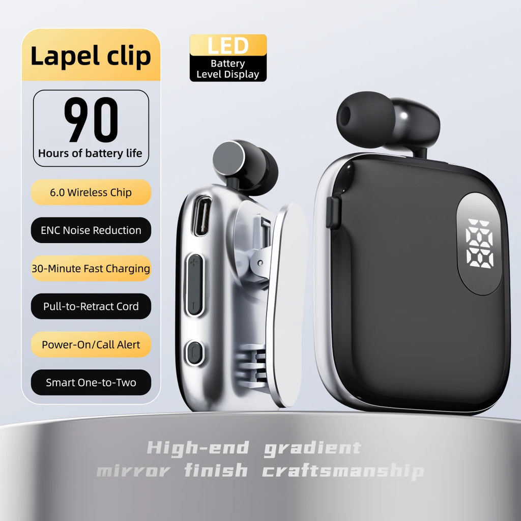 90H Playtime Bluetooth Headset V6 ENC Noise Canceling LED Power Display Retractable Lapel Clip Earphone for Meeting Driving K91