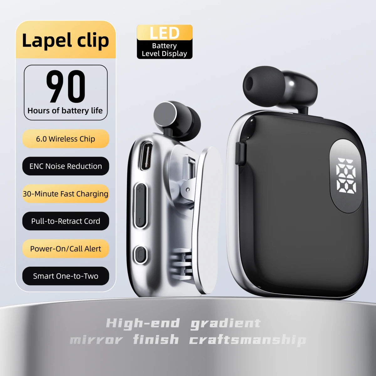 90H Playtime Bluetooth Headset V6 ENC Noise Canceling LED Power Display Retractable Lapel Clip Earphone for Meeting Driving K91