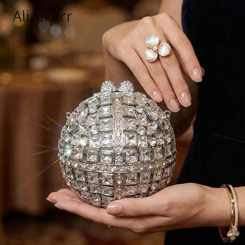 Alizekerr Ball Shaped Crystal Evening Bags Women New Boutique Bling Rhinestone Metallic Clutch Purses And Handbags Wedding Party
