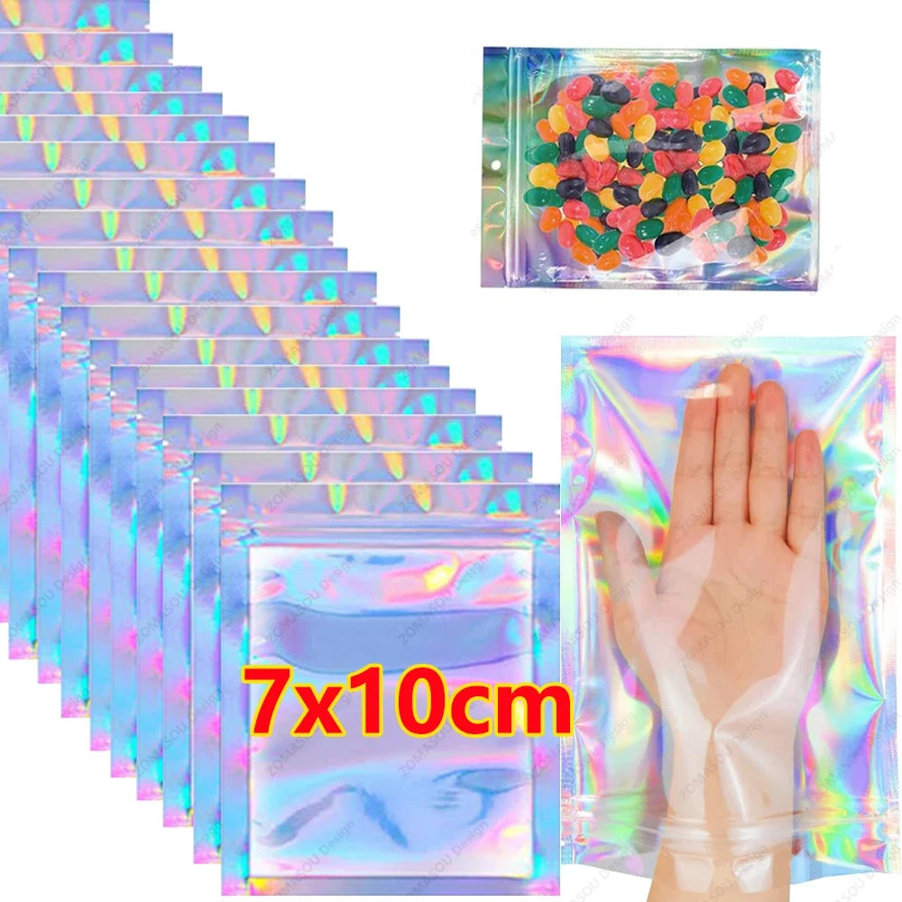 400-1PCS Color Laser Sealing Bags Plastic Holographic Candy Food Pouch Resealable Necklace Jewelry Gift Packaging Storage Bag