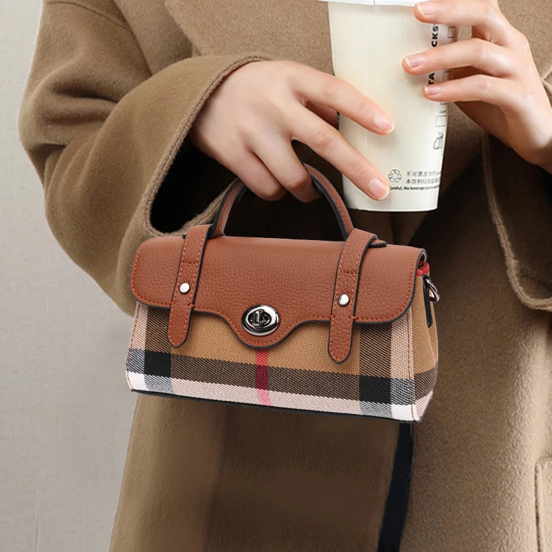 Women's New Style Summer Trendy Casual Versatile Canvas Plaid Small Square Genuine Leather Crossbody Bag