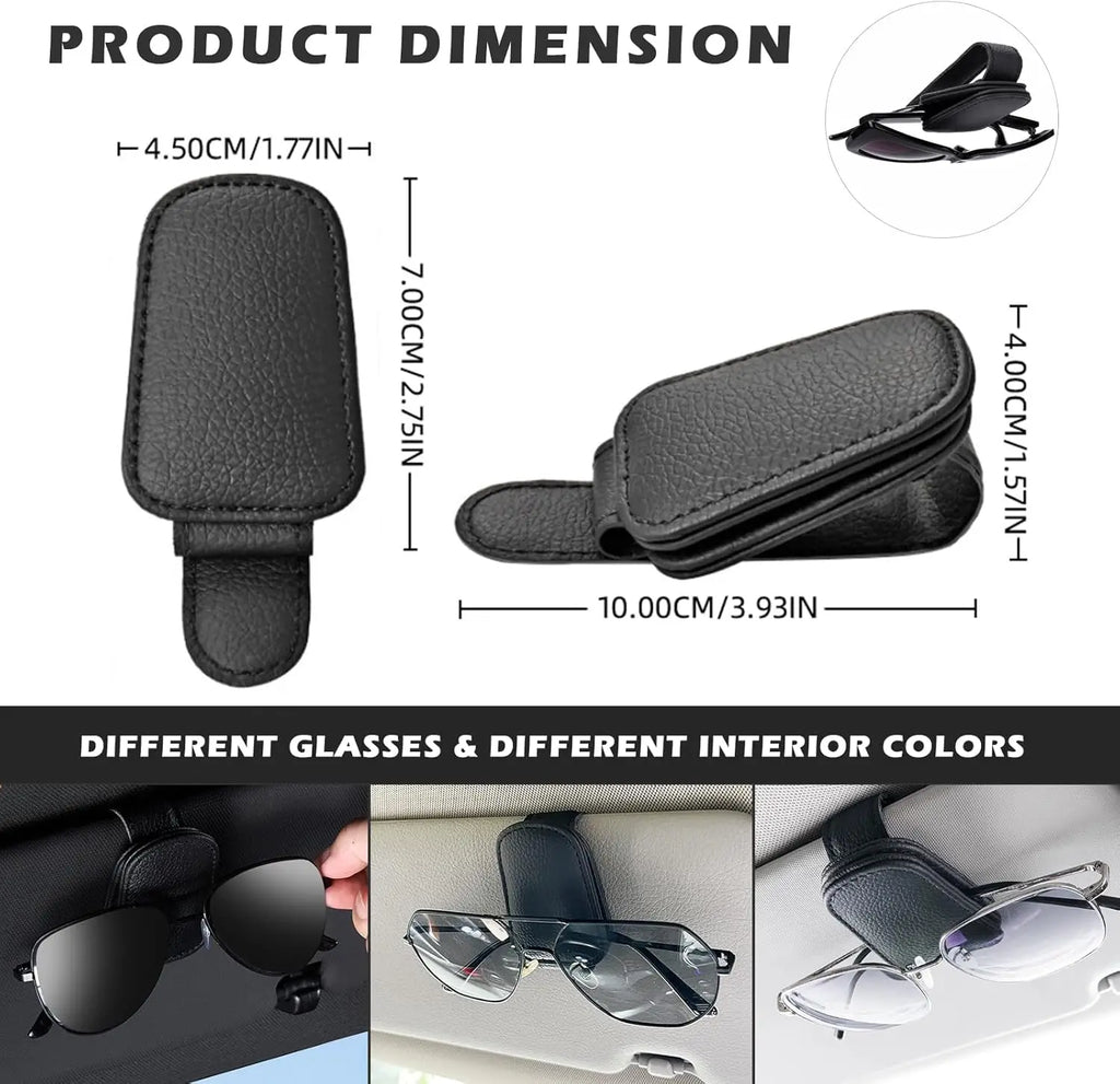 Sunglasses holders are compatible with car sunshades. They feature magnetic leather sunglasses clips and B-type clips.
