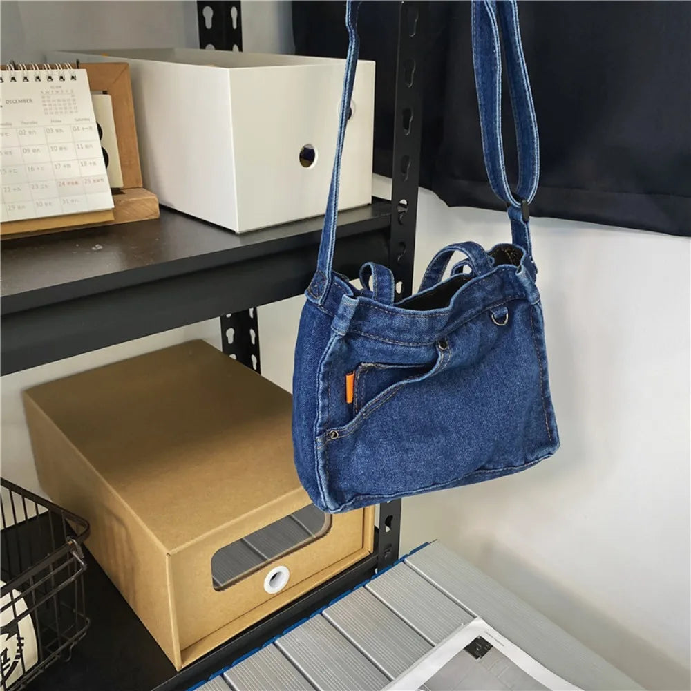 Fashion Large Capacity Denim Crossbody Bag Handbag Commute Canvas Tote Bag Simple Small Square Bag Cloth Shoulder Bag Boys