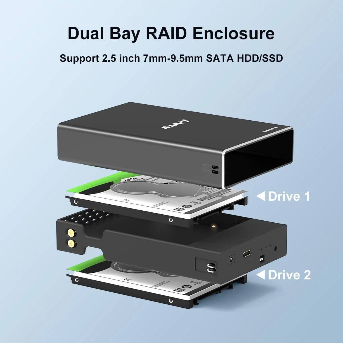 MAIWO Hard Drive Enclosure Dual Bay for 2.5'' SATA SSD/HDD Support 4 RAID Modes Gen2 10Gbps with 16TB Capacity Aluminum HDD Case