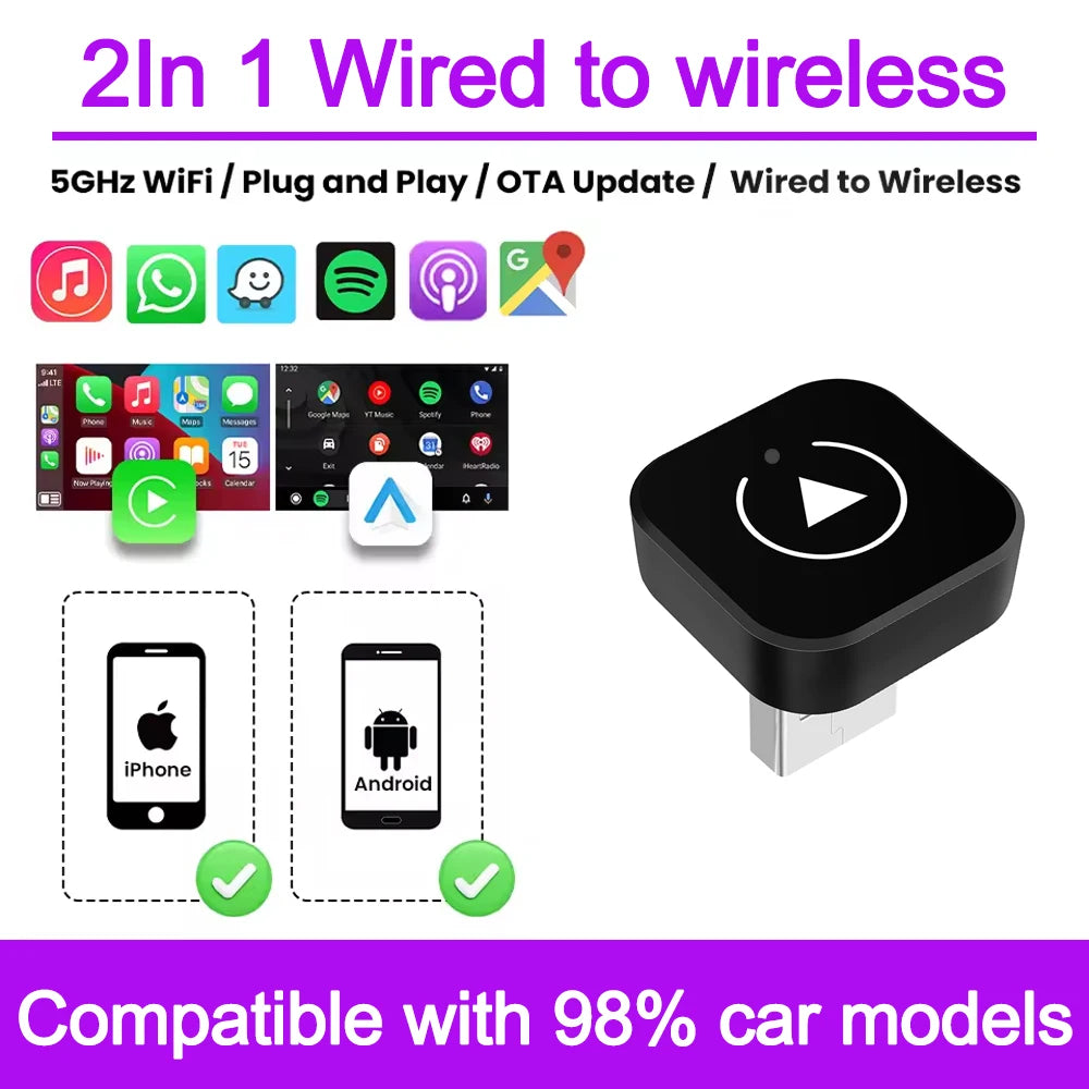 2 in 1 Wired to Wireless CarPlay Android Auto Adapter for OEM Car Stereo With USB Dongle Mini Box Plug and Play Bluetooth