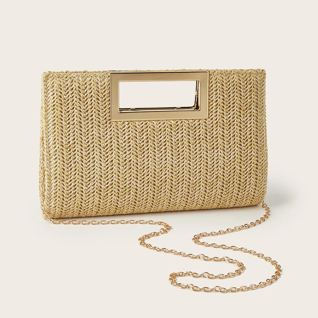 Women's Woven Handbag, Summer Beach Essential, Vacation Season, Solid Color, Straw Bag, Versatile Party Handbag, Detachable Shoulder Strap, Light Luxury Metal Handbag, Beach Wedding Handbag