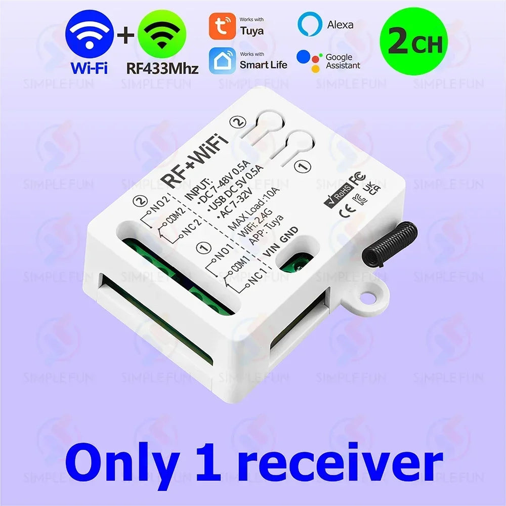 WiFi RF Remote Control Smart Light Switch 2 CH Tuya,USB 5V DC 12V 24V 48V,1-250V Dry Contact Relay,work with Alexa Google Home