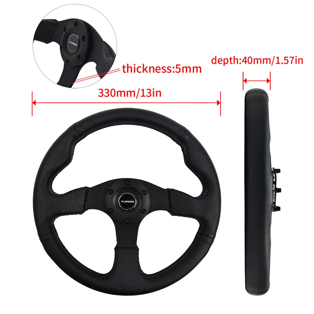 TIYPEOR 330mm PVC Leather Black Classic Steering Wheel 40mm Falt Drift Simulation Steering Wheel for Racing Game