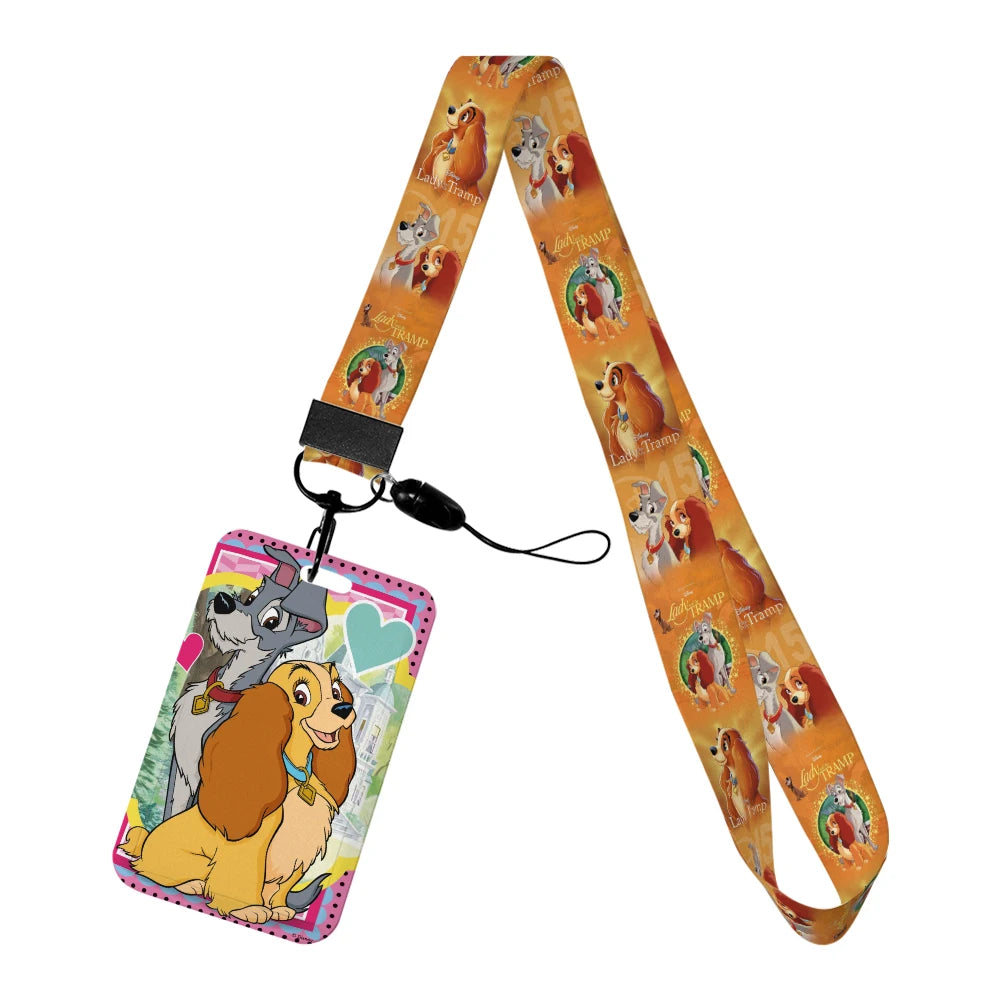 Disney Cartoon Lady and the Tramp Card Holder Anti-lost Neck Strap Lanyard ID Card Pendant USB Badge Clip DIY Keychain Accessory