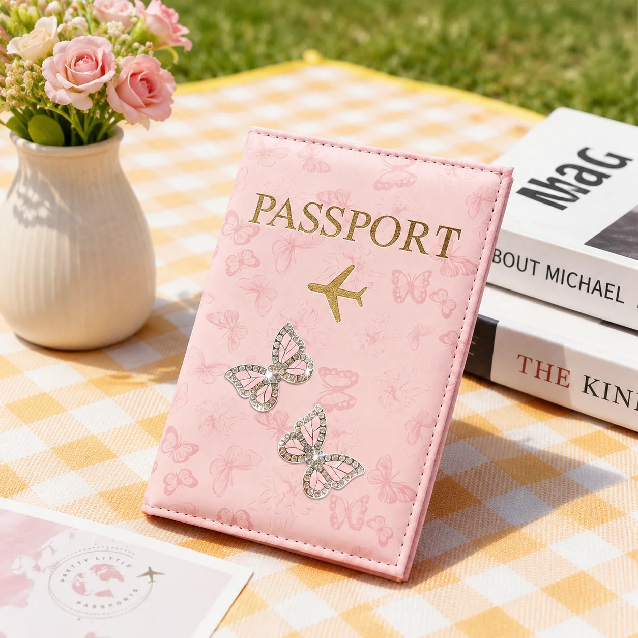 Pink Butterfly PU Leather Passport Holder, Rhinestone Travel Wallet Cover with Card Slots for Women, Airport Vacation Gift