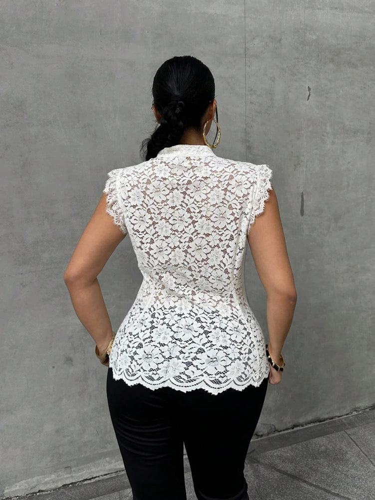 Plus Size Elegant Lace Blouse, Mandarin Collar Frog Button Sleeveless Shirt, Slim Fit Casual Vacation Top for Women