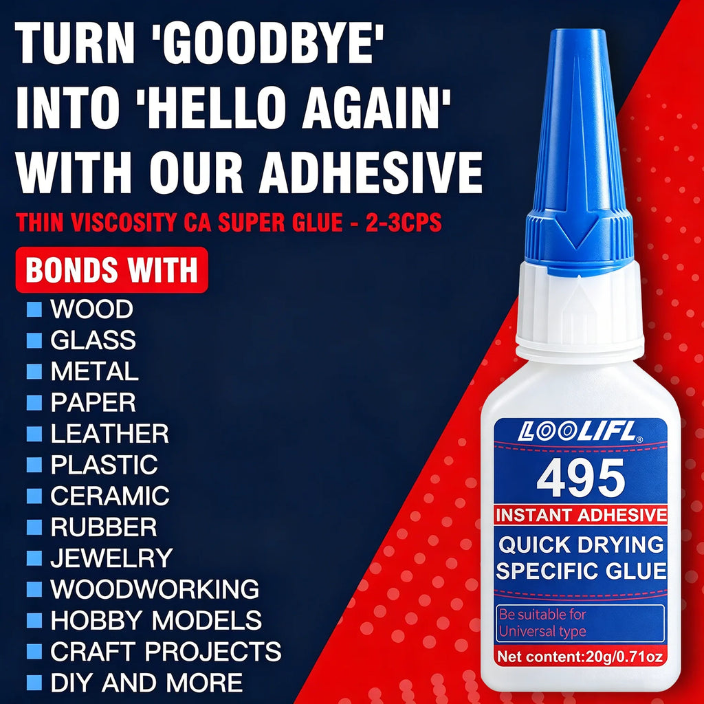 Loolifl 495 Instant Super Glue 20Gl Quick Drying Cyanoacrylate Adhesive for Metal Plastic Ceramic Wood Leather Rubber DIY Repair