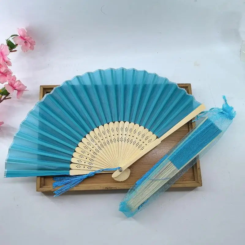 Chinese Style Folding Fan Wear Resist With Organza Bag Bamboo Hand Fan With Tassel Cooling Tool Silk Hand Fan Party Decoration