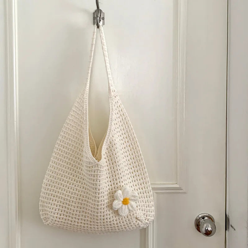 Solid Color Knitting Shoulder Bag Hollow Out Versatile Bohemian Crochet Tote Bag Large Capacity Casual Woven Handbag Women