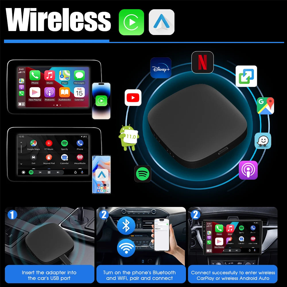2026 Android14 CarPlay Ai Box Wired to Wireless Android Auto 3in1 USB Adapter For Youtube Netflix Toyota Mazda Hyundai Haval VW