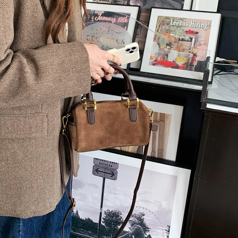 Hot Sale Lady Retro Versatile Velvet Boston Bag Women Korean Mini Handbag Female Classic Daily Commute Crossbody Bag