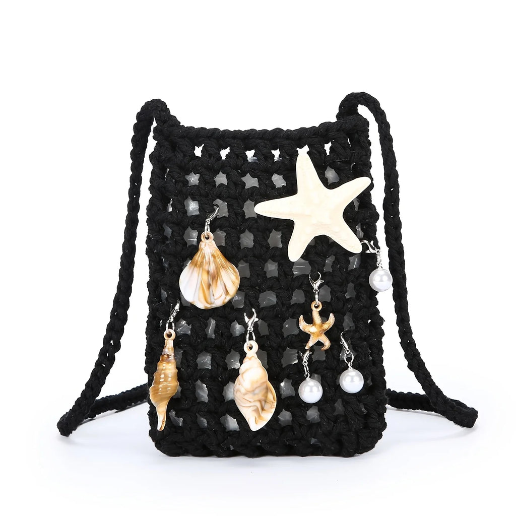 "Crochet Evening Bag w/ Ocean Pendant – Casual Chic for Women, White-Collar, Gifts for Mom, Teacher, Friend."