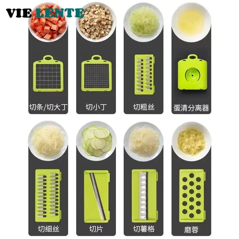 1Pc Green Black 14 in 1 Multifunctional Vegetable Slicer Cutter Shredders Slicer With Basket Fruit Potato Chopper Carrot Grater