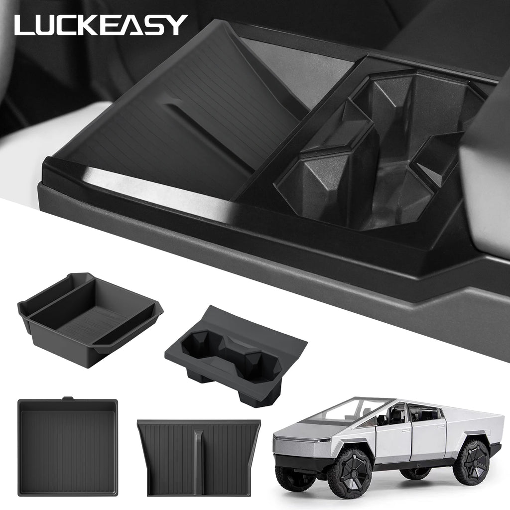 LUCKEASY for Tesla Cybertruck 2024-2026 Car Storage Box Kit Center Console Cup Holder Wireless Anti-slip Mat Accessories 4Pcs