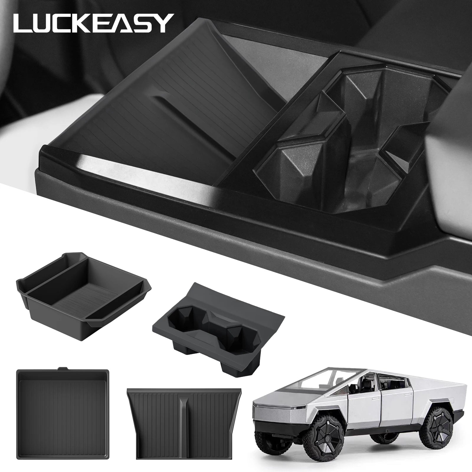 LUCKEASY for Tesla Cybertruck 2024-2026 Car Storage Box Kit Center Console Cup Holder Wireless Anti-slip Mat Accessories 4Pcs