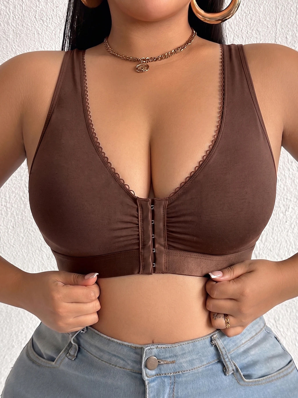 Thin Cup Plus Size Women Bra Full Cup Wireless Front Closure Lingerie Side Support Solid Basic Daily Comfortable Bra