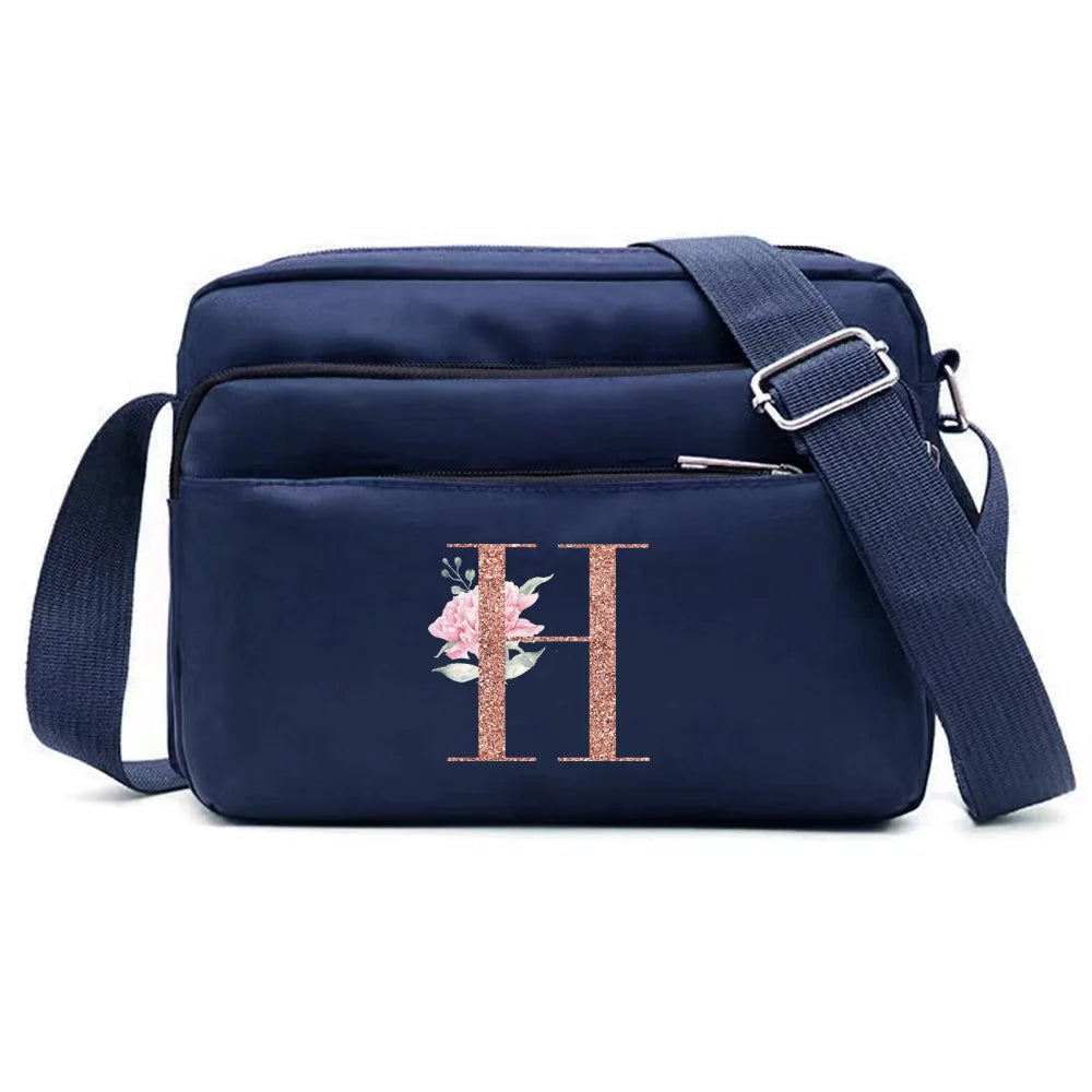 Large Capacity Travel and Commuting Storage Blue Bag Rose Gold Series Print Pattern Multi-layer One Shoulder Crossbody Bag