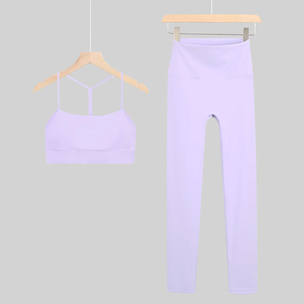 New Yoga Women Vest Gym Top Y-shape Bra Set Comfortable Running Fitness Cropped Pants Sportswear