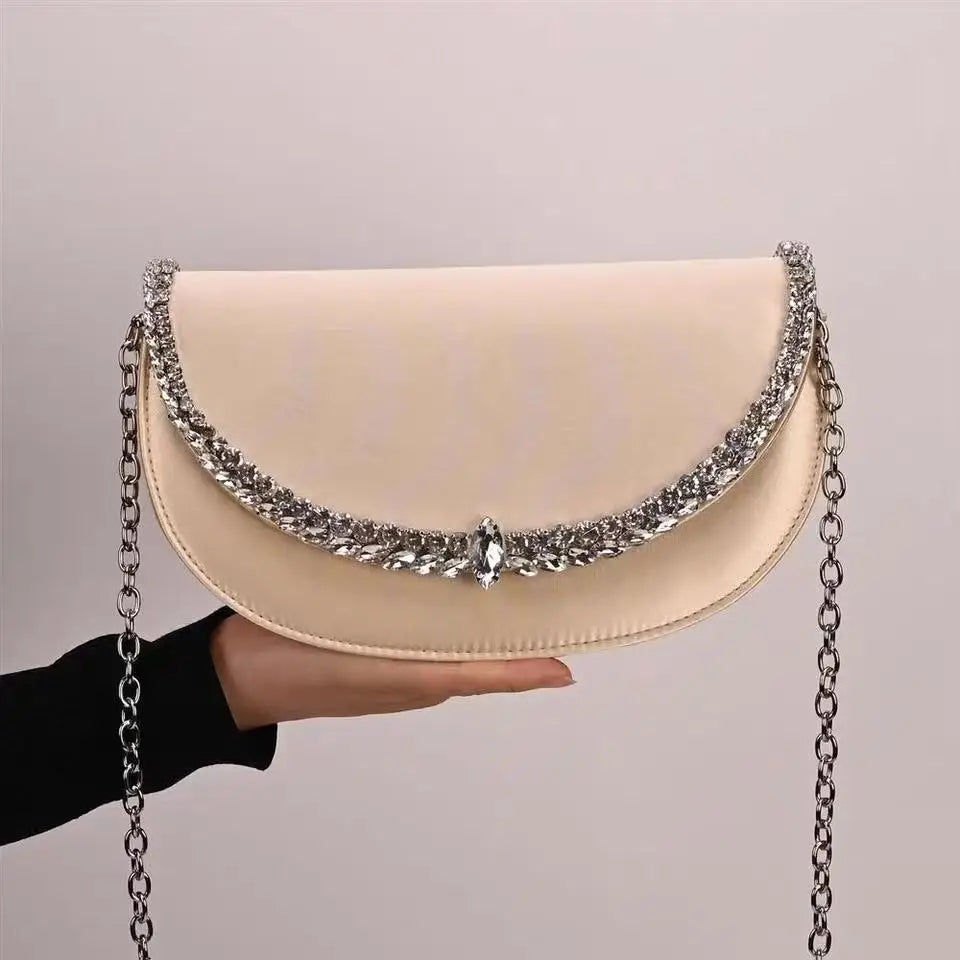 Luxury Satin Moon Bag Glitter Rhinestones Diamond Evening Bag Fashion Women Handbag Wedding Party Clutch Purse Shoulder Bag