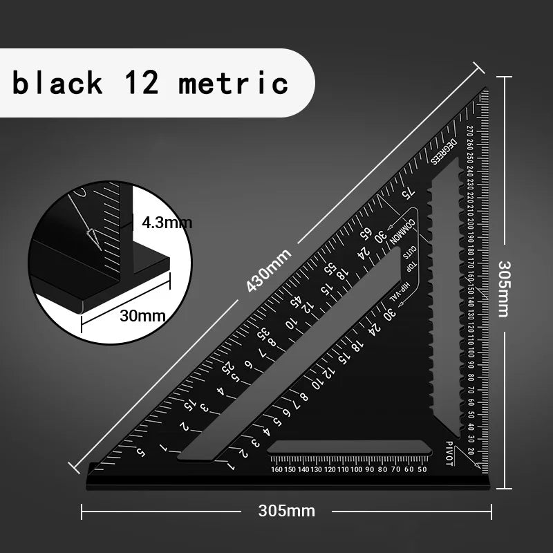 7/12 Inch Aluminum Triangle Ruler, Carpenter Measuring Layout Tool, Square & Metric/Imperial Protractor for Woodworking