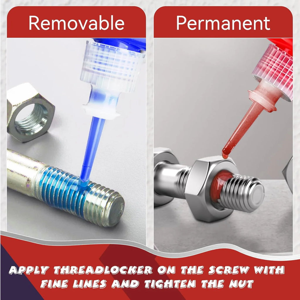 Blue/Red Medium to High Strength Threadlocker Quick-Drying Screw Locking Agent 50ml Anaerobic 243/271 Thread Locking Liquid Strong Anti-Slip Thread Fixing Adhesive Impact-Resistant, Anti-Loosening,  Rust-Proof.