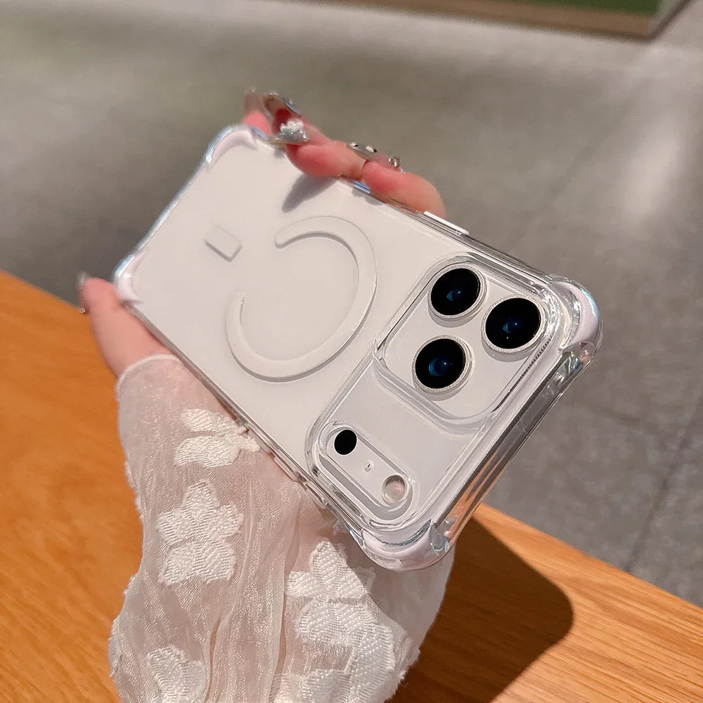 Trendy INS Clear Magnetic Charging PC Case For IPhone 17 Air 16 15 14 Plus 13 12 Pro Max Four-Coner Airbag Shockproof Hard Cover