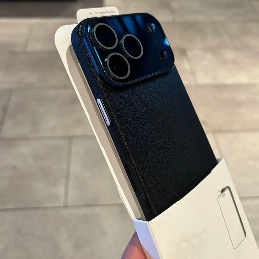 Luxury HD Hard Glass Camera Case For iPhone 17 Air 16 15 14 13 12 11 Pro Max Plus Hard PC Leather Texture Armor Shockproof Funda