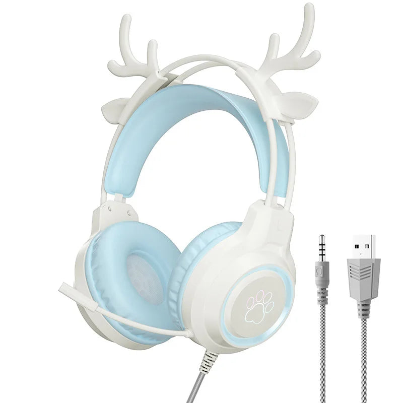 RGB Gaming Earphones with High-Definition Flexible Microphone 3.5mm Gaming Earphones Detachable Cat Ears and Deer Antlers