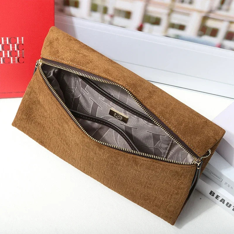 CH Crossbody Bag Women Embossed Suede Shoulder Bag Double Zipper Clutch Purse Vintage Daily Evening Handbag Bolsos Mujer