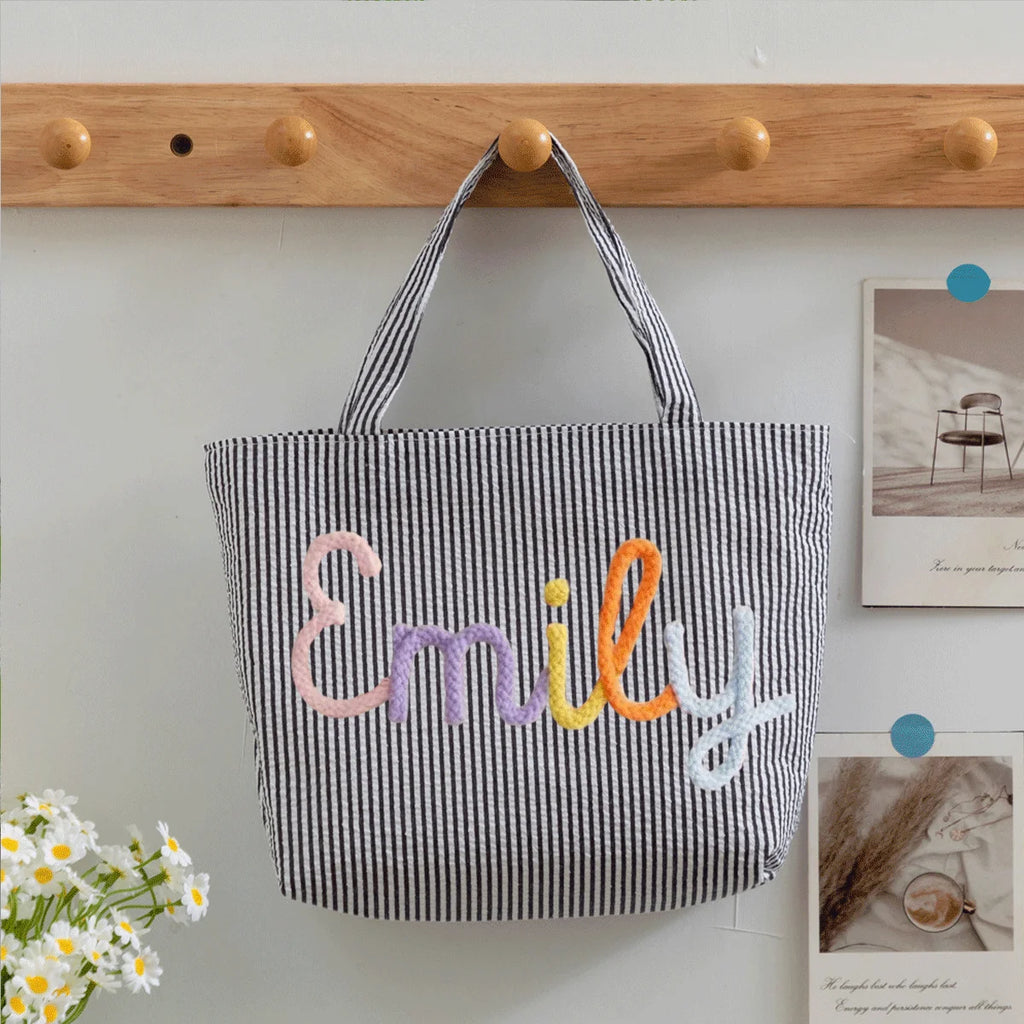 Custom Seersucker Cosmetic Handbag and Travel Organizer — Personalized Chenille Letter Toiletry Bag and Summer Beach Tote