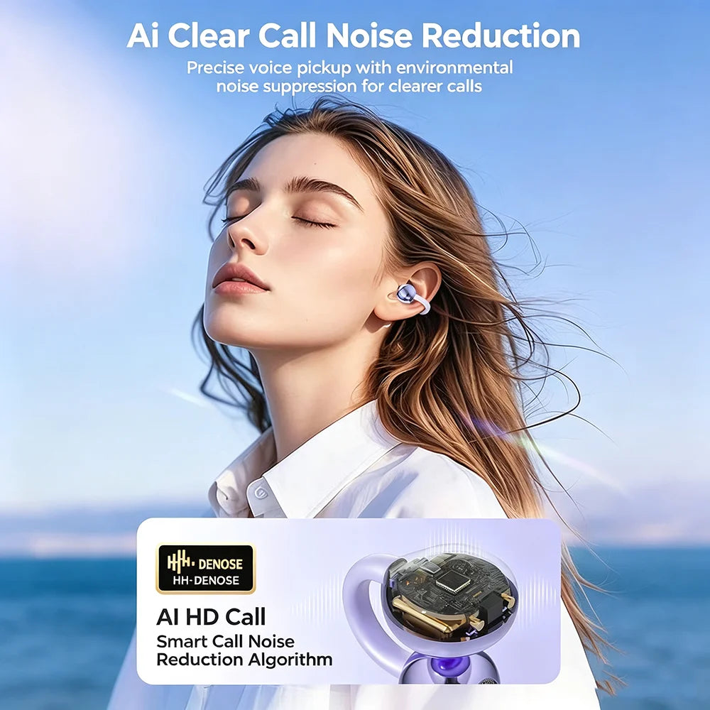 KEBIDUMEI Open Ear Bluetooth 5.4 Earphones Ear Clip Wireless Earbuds ENC Sports Noise Cancelling Headsets LED Display Headphones
