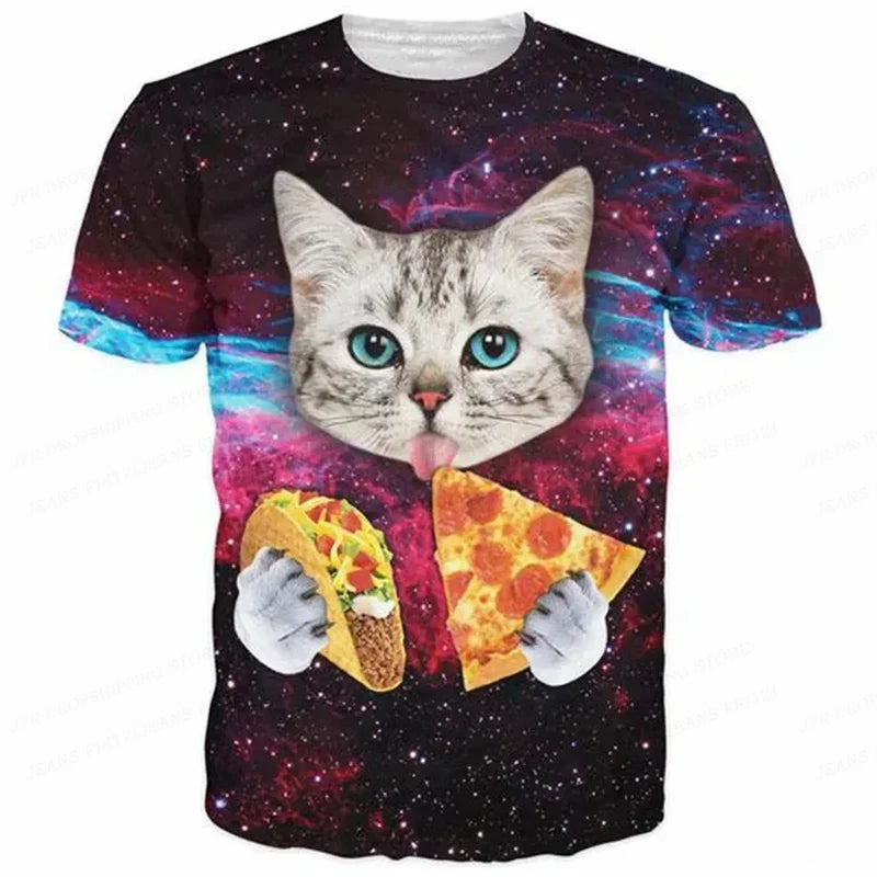 3D Printed Funny Cat T Shirt for Men Animal Food Pattern Tees Summer Street Oversize Short Sleeve Tops Loose Round Neck T-Shirts