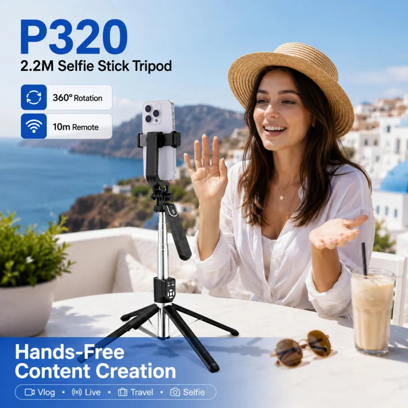 P320 Long Stainless Steel Selfie Stick, 4-Leg Bluetooth Phone Tripod Stand with Dual Remote for Live Streaming and Photography